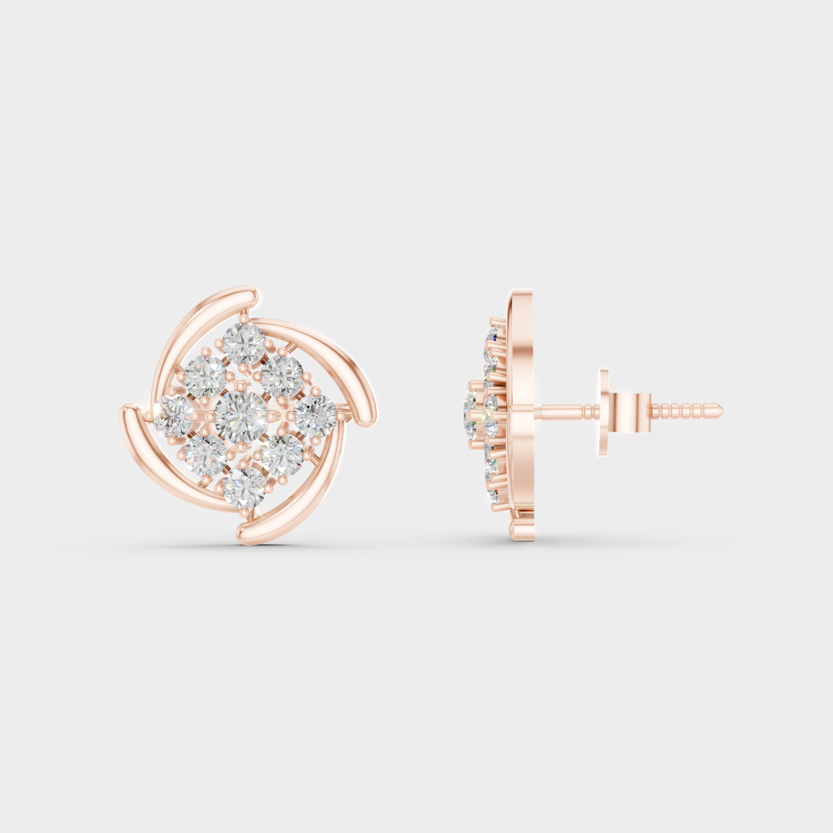 Romantic profile of 0.74 Carat Round Cut Lab-Grown Diamond Stud Earrings in blush 14K Rose Gold.